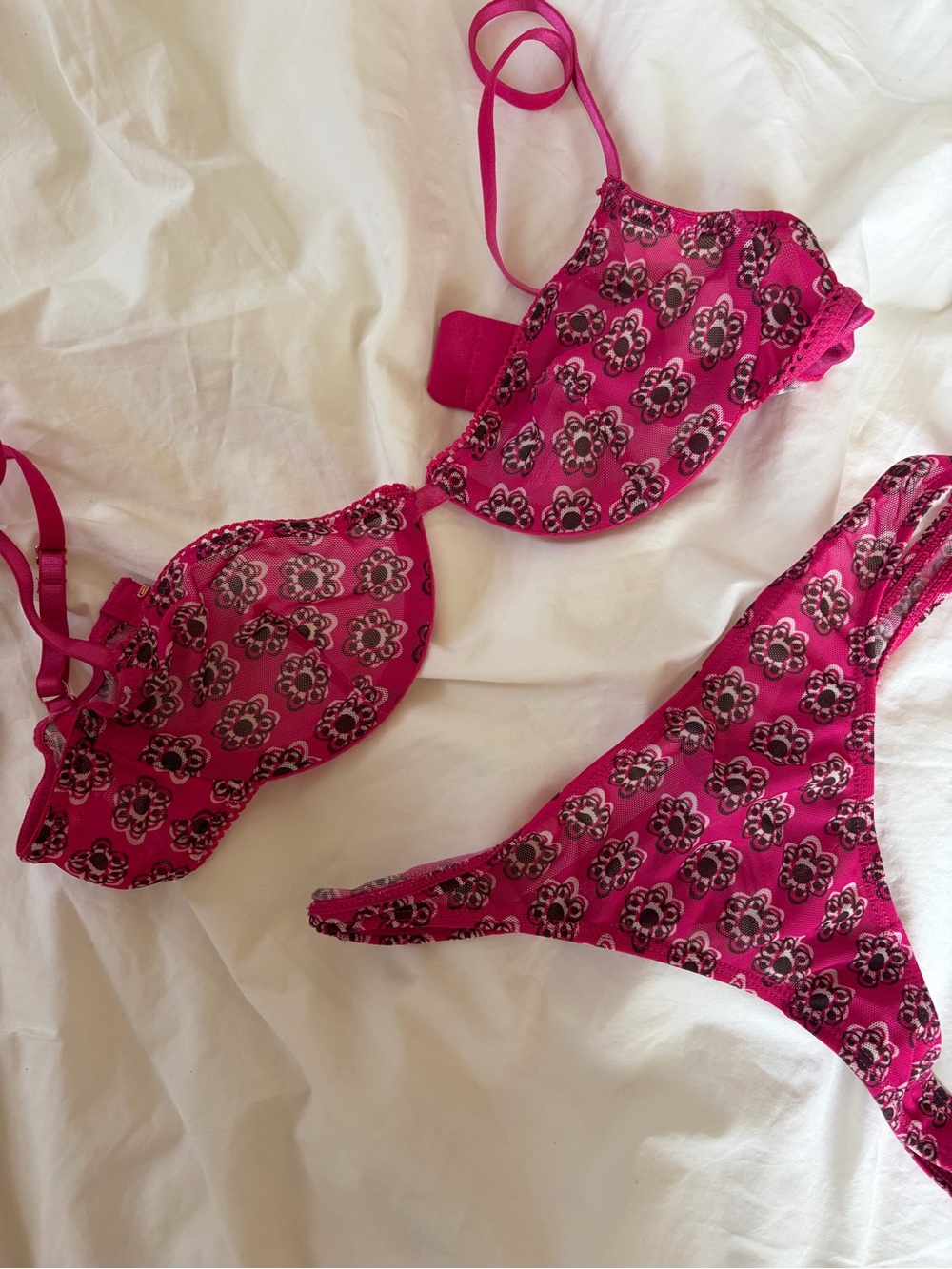 Urban Outfitters Pink Floral Lingerie Set, 32A & XS